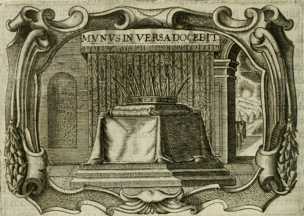 An illustration from D. Ioannis de Solorzano Pereira ... Emblemata centum, regio politica : Aeneis laminis affabre caelata, vividisque, et limatis carminibus explicita, & singularibus commentariis affatim illutrata : quibus, quicquid ad regum institutionem, et rectam reip. administrationem conducere, & pertinere videtur, summo studio disseritur ... cùm quadruplici indice absolutissimo ..., 1653, leaf 157