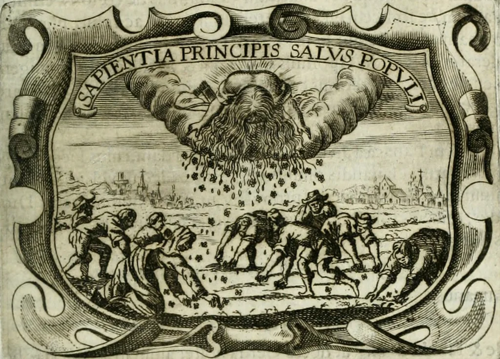 An illustration from D. Ioannis de Solorzano Pereira ... Emblemata centum, regio politica : Aeneis laminis affabre caelata, vividisque, et limatis carminibus explicita, & singularibus commentariis affatim illutrata : quibus, quicquid ad regum institutionem, et rectam reip. administrationem conducere, & pertinere videtur, summo studio disseritur ... cùm quadruplici indice absolutissimo ..., 1653, leaf 196