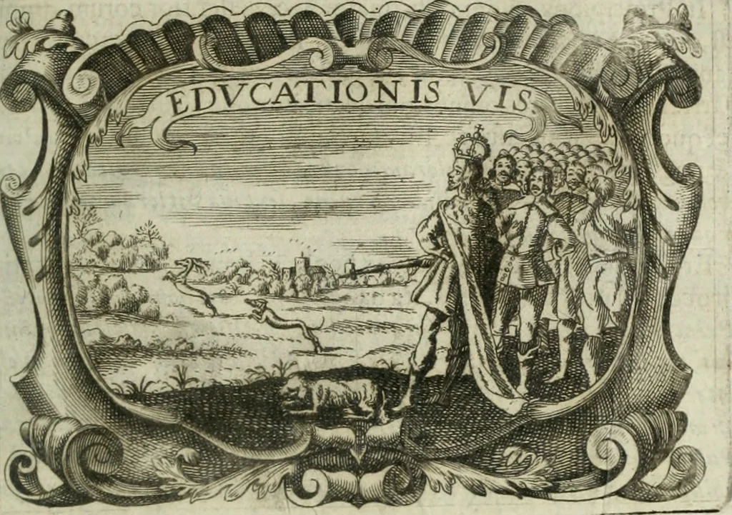 An illustration from D. Ioannis de Solorzano Pereira ... Emblemata centum, regio politica : Aeneis laminis affabre caelata, vividisque, et limatis carminibus explicita, & singularibus commentariis affatim illutrata : quibus, quicquid ad regum institutionem, et rectam reip. administrationem conducere, & pertinere videtur, summo studio disseritur ... cùm quadruplici indice absolutissimo ..., 1653, leaf 220