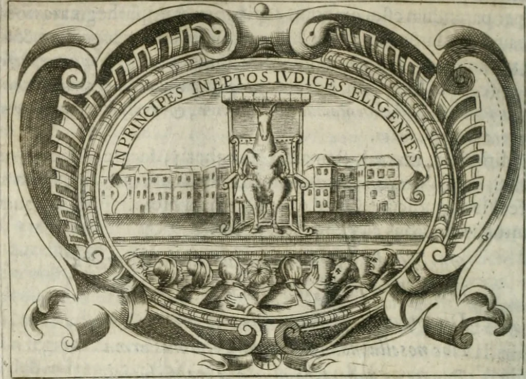 An illustration from D. Ioannis de Solorzano Pereira ... Emblemata centum, regio politica : Aeneis laminis affabre caelata, vividisque, et limatis carminibus explicita, & singularibus commentariis affatim illutrata : quibus, quicquid ad regum institutionem, et rectam reip. administrationem conducere, & pertinere videtur, summo studio disseritur ... cùm quadruplici indice absolutissimo ..., 1653, leaf 467