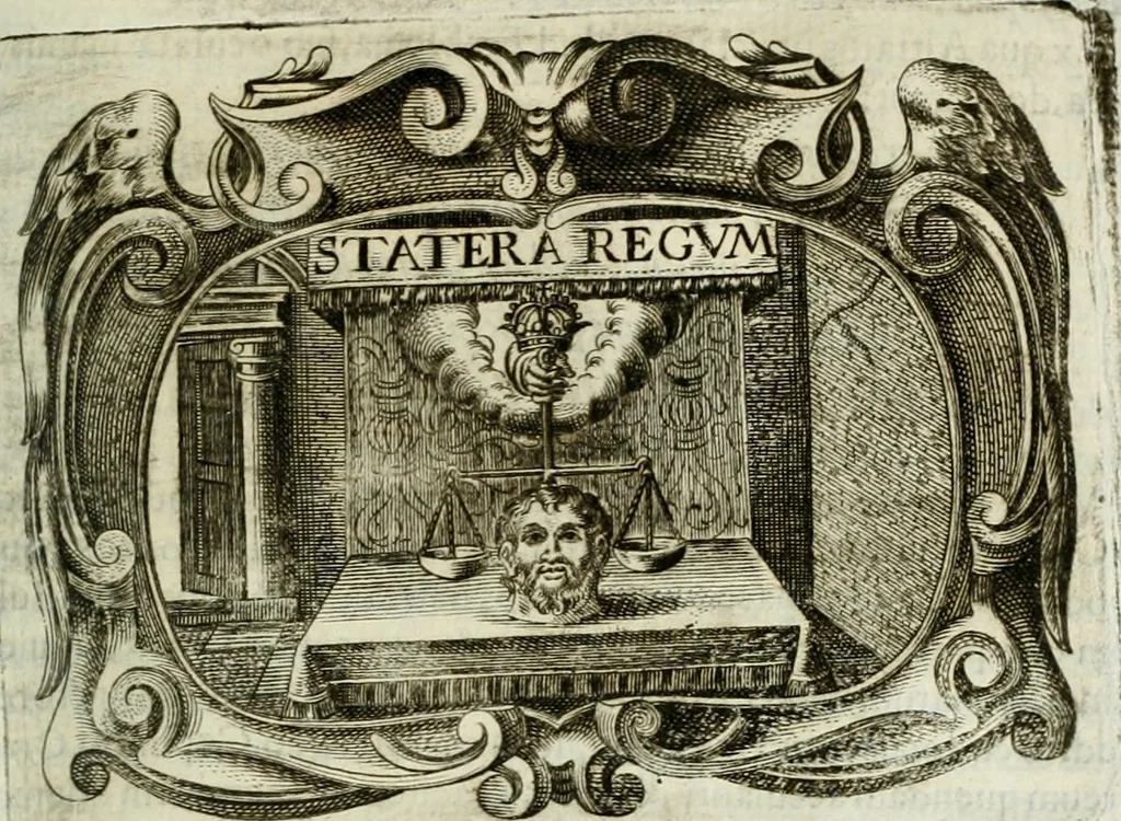 An illustration from D. Ioannis de Solorzano Pereira ... Emblemata centum, regio politica : Aeneis laminis affabre caelata, vividisque, et limatis carminibus explicita, & singularibus commentariis affatim illutrata : quibus, quicquid ad regum institutionem, et rectam reip. administrationem conducere, & pertinere videtur, summo studio disseritur ... cùm quadruplici indice absolutissimo ..., 1653, leaf 542