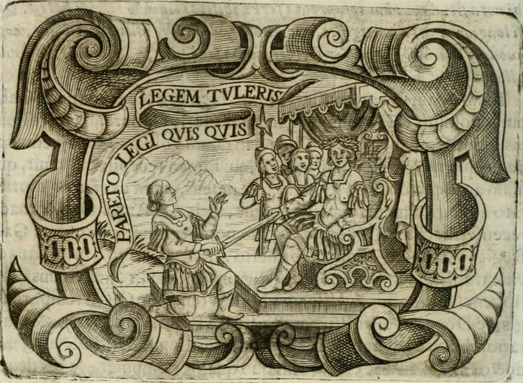 An illustration from D. Ioannis de Solorzano Pereira ... Emblemata centum, regio politica : Aeneis laminis affabre caelata, vividisque, et limatis carminibus explicita, & singularibus commentariis affatim illutrata : quibus, quicquid ad regum institutionem, et rectam reip. administrationem conducere, & pertinere videtur, summo studio disseritur ... cùm quadruplici indice absolutissimo ..., 1653, leaf 615