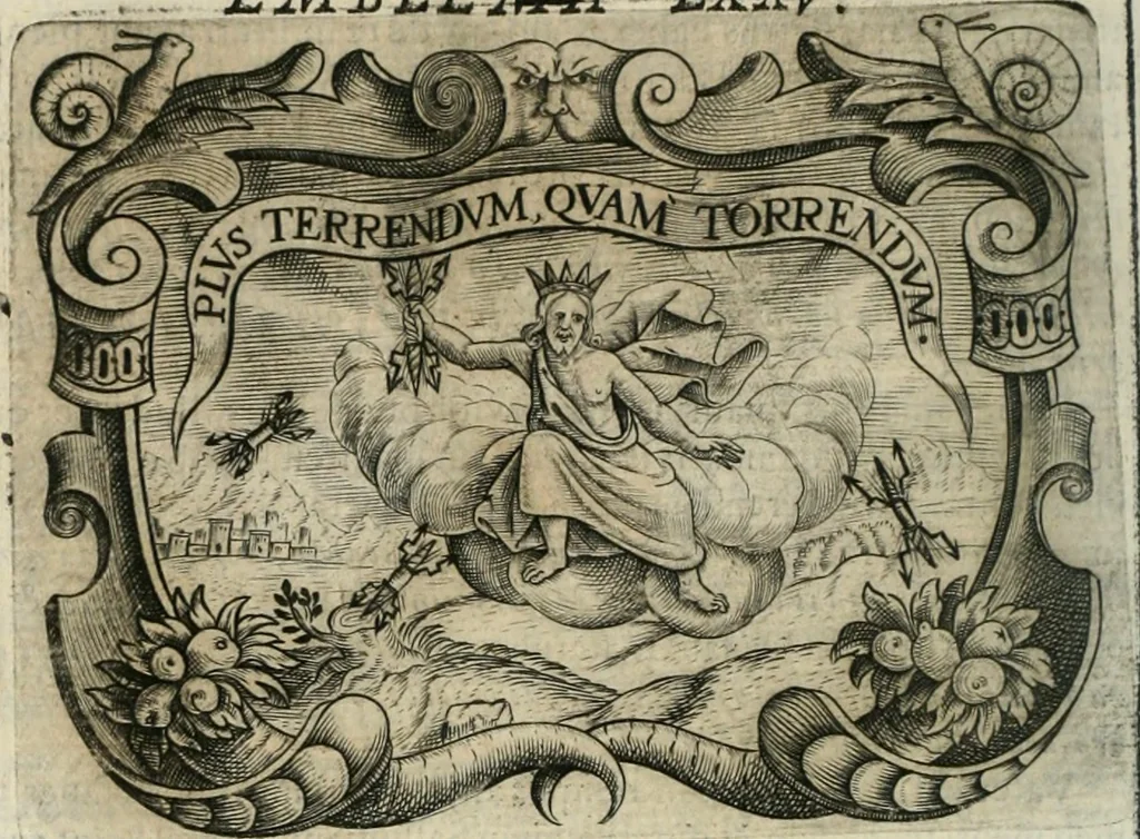 An illustration from D. Ioannis de Solorzano Pereira ... Emblemata centum, regio politica : Aeneis laminis affabre caelata, vividisque, et limatis carminibus explicita, & singularibus commentariis affatim illutrata : quibus, quicquid ad regum institutionem, et rectam reip. administrationem conducere, & pertinere videtur, summo studio disseritur ... cùm quadruplici indice absolutissimo ..., 1653, leaf 665
