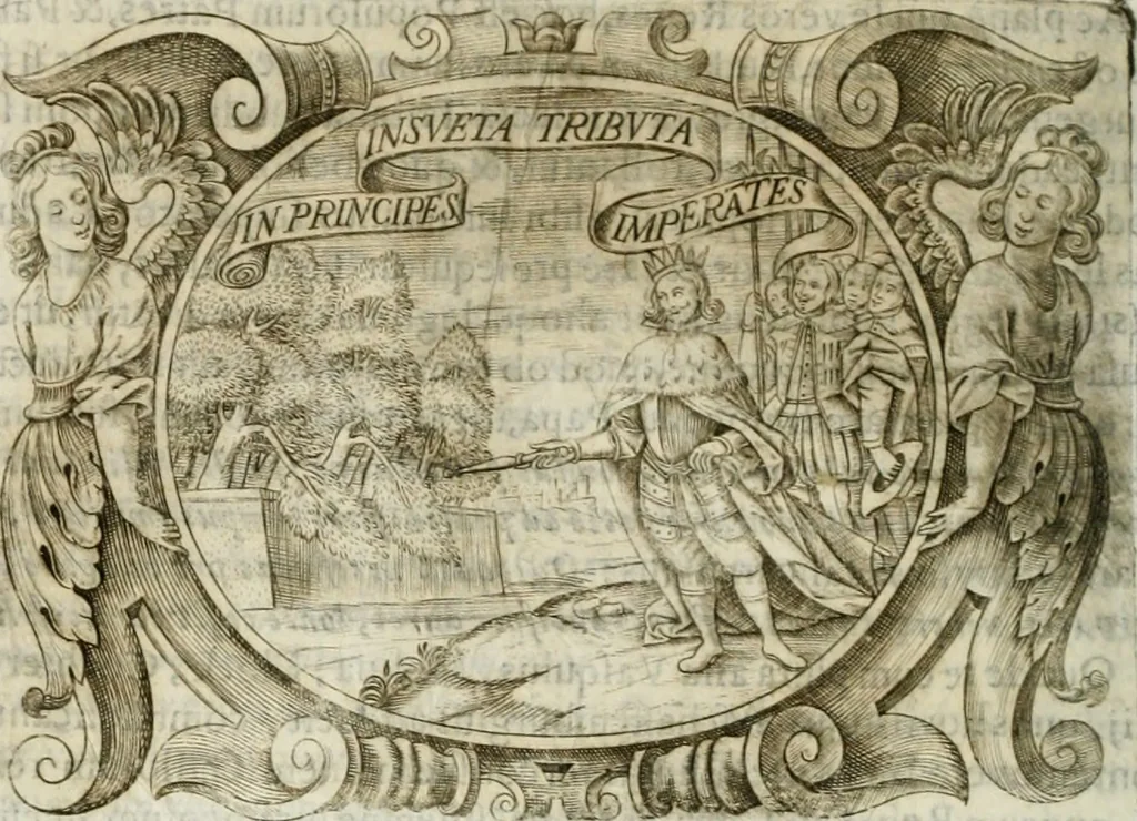 An illustration from D. Ioannis de Solorzano Pereira ... Emblemata centum, regio politica : Aeneis laminis affabre caelata, vividisque, et limatis carminibus explicita, & singularibus commentariis affatim illutrata : quibus, quicquid ad regum institutionem, et rectam reip. administrationem conducere, & pertinere videtur, summo studio disseritur ... cùm quadruplici indice absolutissimo ..., 1653, leaf 745