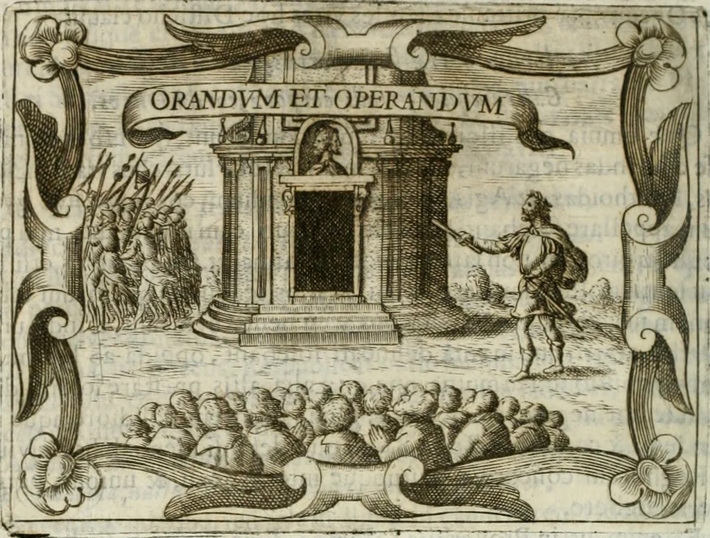 An illustration from D. Ioannis de Solorzano Pereira ... Emblemata centum, regio politica : Aeneis laminis affabre caelata, vividisque, et limatis carminibus explicita, & singularibus commentariis affatim illutrata : quibus, quicquid ad regum institutionem, et rectam reip. administrationem conducere, & pertinere videtur, summo studio disseritur ... cùm quadruplici indice absolutissimo ..., 1653, leaf 851