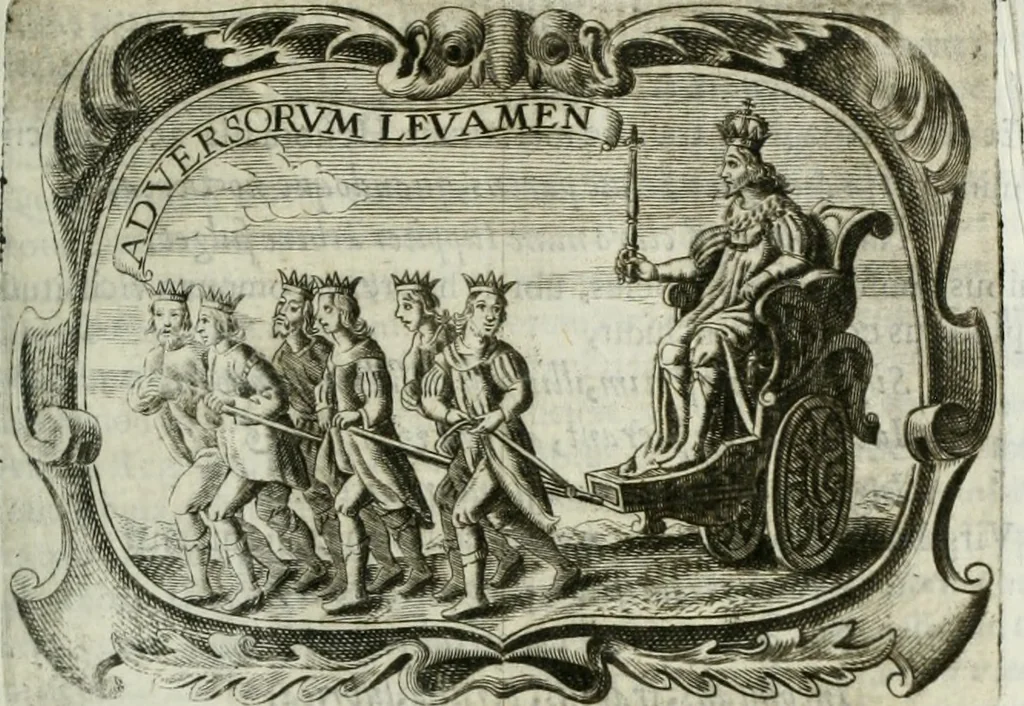 An illustration from D. Ioannis de Solorzano Pereira ... Emblemata centum, regio politica : Aeneis laminis affabre caelata, vividisque, et limatis carminibus explicita, & singularibus commentariis affatim illutrata : quibus, quicquid ad regum institutionem, et rectam reip. administrationem conducere, & pertinere videtur, summo studio disseritur ... cùm quadruplici indice absolutissimo ..., 1653, leaf 88