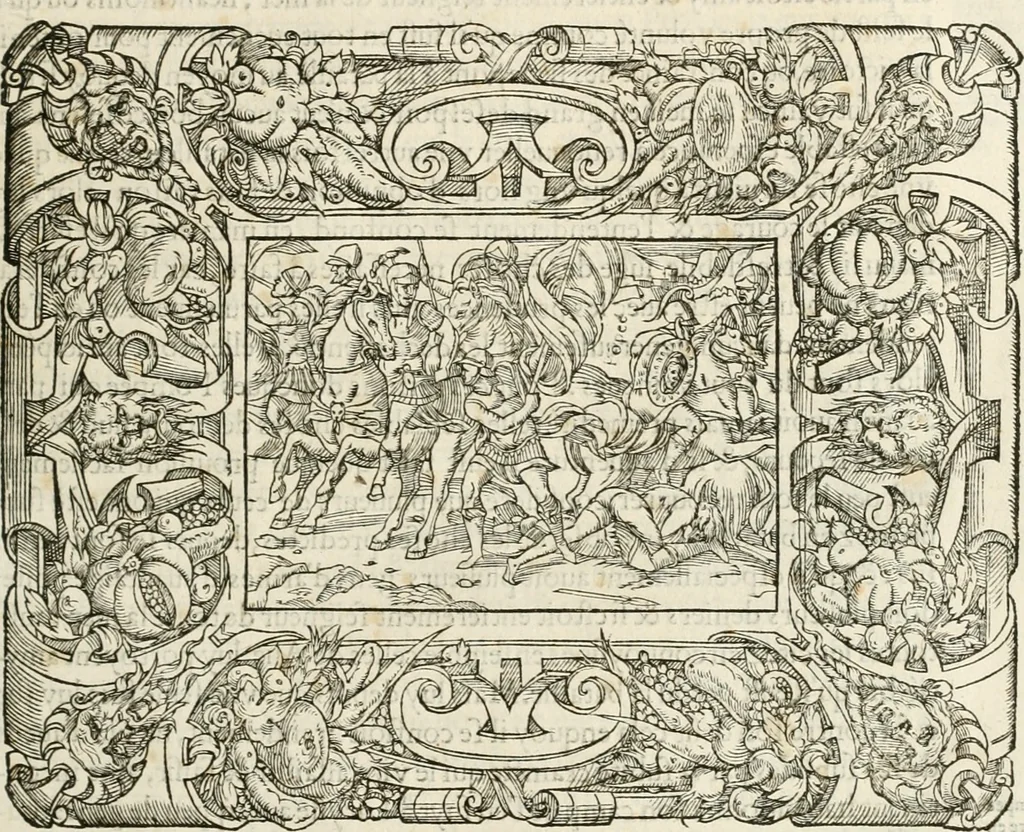 An illustration from Dion historien grec, Des faictz & gestes insignes des Romains : redvictz par annalles et consulatz, commençant au consulat de Lucius Cotta & Lucius Torquatus ..., 1542, leaf 150