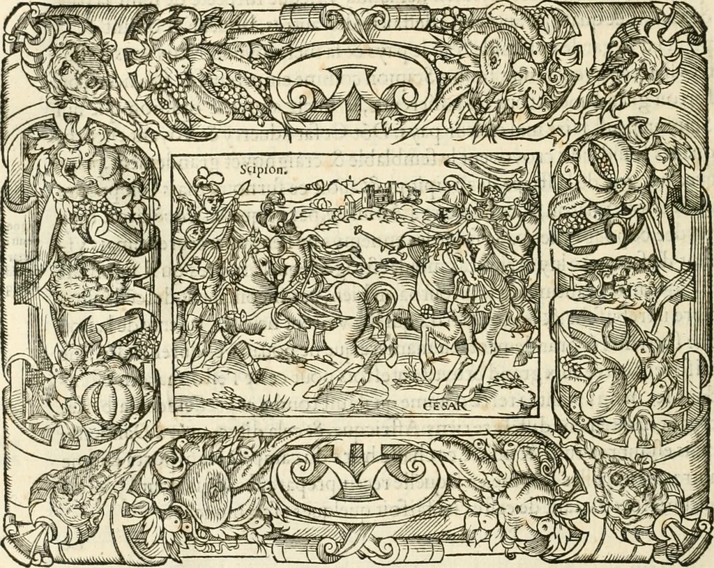 An illustration from Dion historien grec, Des faictz & gestes insignes des Romains : redvictz par annalles et consulatz, commençant au consulat de Lucius Cotta & Lucius Torquatus ..., 1542, leaf 175