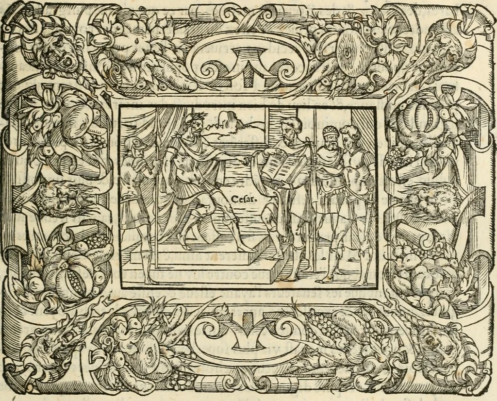An illustration from Dion historien grec, Des faictz & gestes insignes des Romains : redvictz par annalles et consulatz, commençant au consulat de Lucius Cotta & Lucius Torquatus ..., 1542, leaf 198