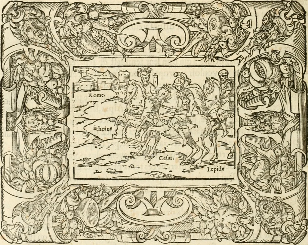 An illustration from Dion historien grec, Des faictz & gestes insignes des Romains : redvictz par annalles et consulatz, commençant au consulat de Lucius Cotta & Lucius Torquatus ..., 1542, leaf 271