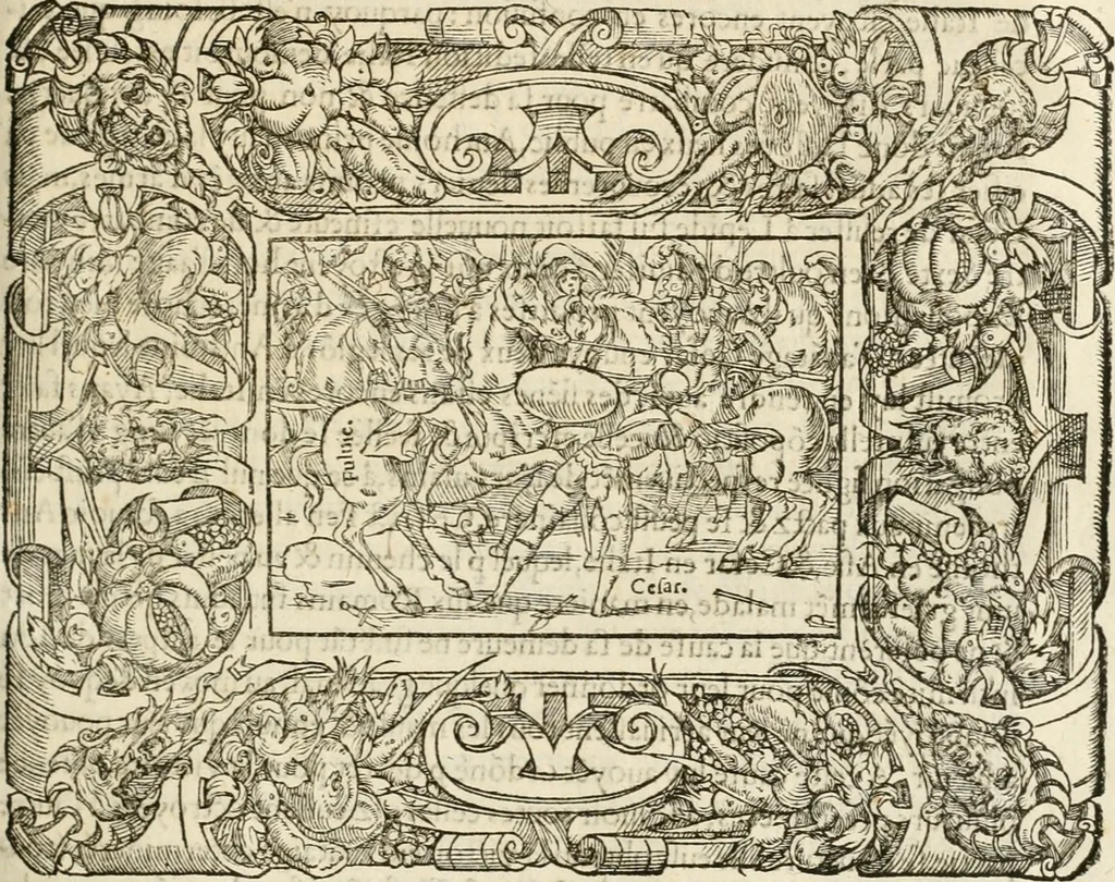An illustration from Dion historien grec, Des faictz & gestes insignes des Romains : redvictz par annalles et consulatz, commençant au consulat de Lucius Cotta & Lucius Torquatus ..., 1542, leaf 296