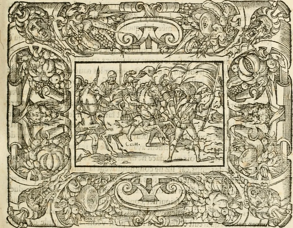 An illustration from Dion historien grec, Des faictz & gestes insignes des Romains : redvictz par annalles et consulatz, commençant au consulat de Lucius Cotta & Lucius Torquatus ..., 1542, leaf 326
