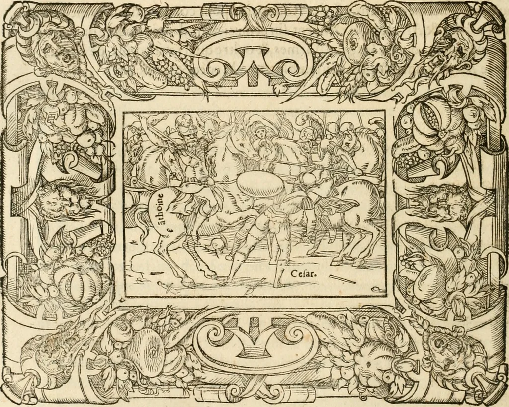 An illustration from Dion historien grec, Des faictz & gestes insignes des Romains : redvictz par annalles et consulatz, commençant au consulat de Lucius Cotta & Lucius Torquatus ..., 1542, leaf 351
