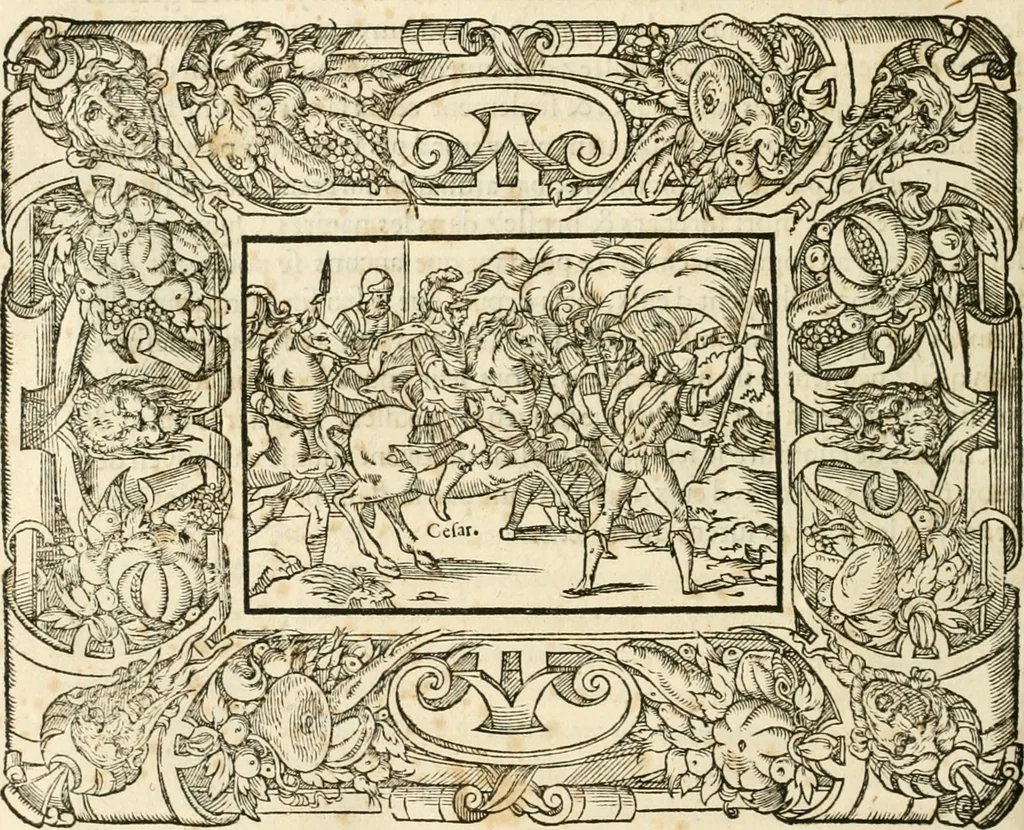 An illustration from Dion historien grec, Des faictz & gestes insignes des Romains : redvictz par annalles et consulatz, commençant au consulat de Lucius Cotta & Lucius Torquatus ..., 1542, leaf 371