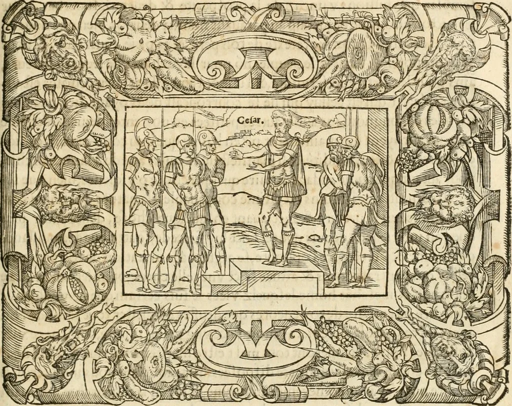 An illustration from Dion historien grec, Des faictz & gestes insignes des Romains : redvictz par annalles et consulatz, commençant au consulat de Lucius Cotta & Lucius Torquatus ..., 1542, leaf 390