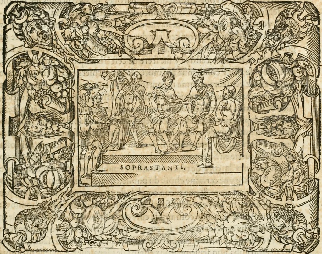 An illustration from Dion historien grec, Des faictz & gestes insignes des Romains : redvictz par annalles et consulatz, commençant au consulat de Lucius Cotta & Lucius Torquatus ..., 1542, leaf 436
