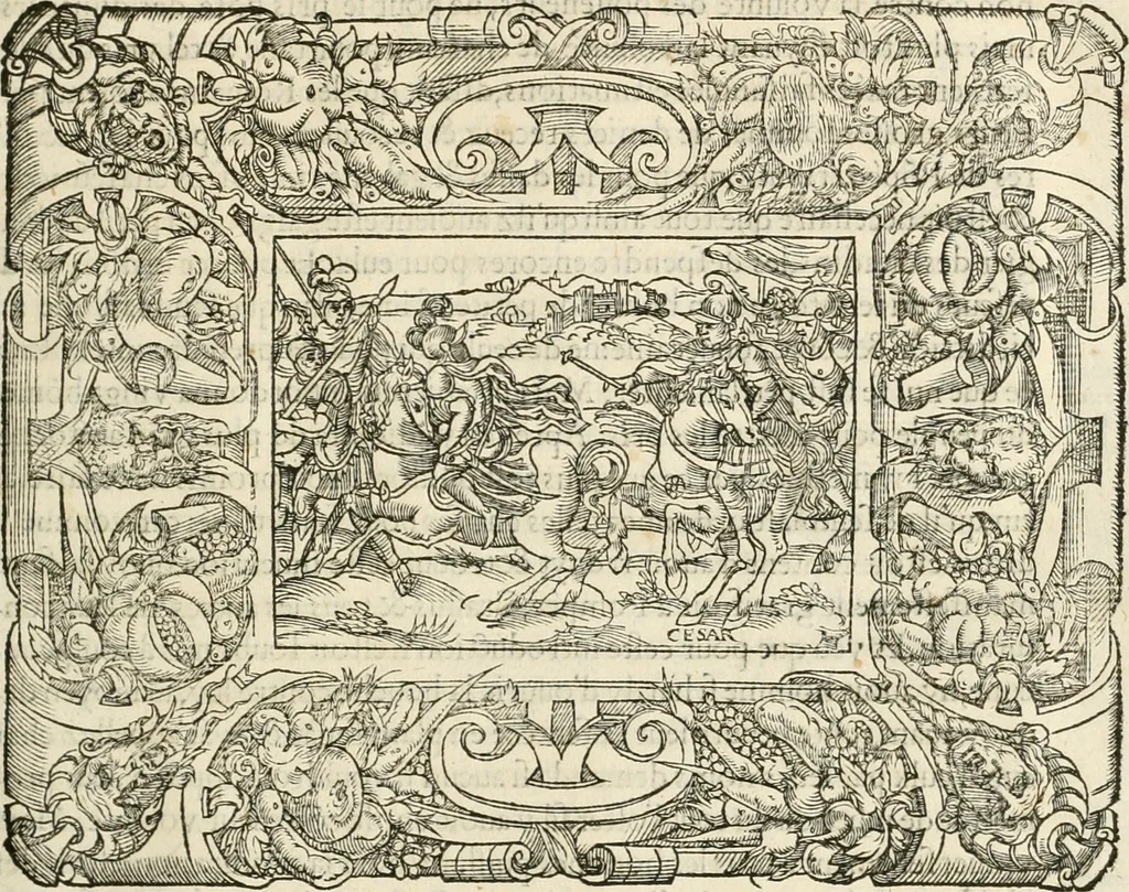An illustration from Dion historien grec, Des faictz & gestes insignes des Romains : redvictz par annalles et consulatz, commençant au consulat de Lucius Cotta & Lucius Torquatus ..., 1542, leaf 44