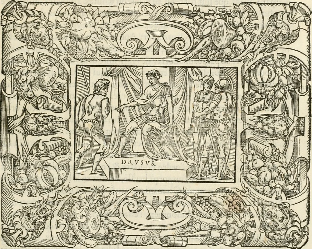 An illustration from Dion historien grec, Des faictz & gestes insignes des Romains : redvictz par annalles et consulatz, commençant au consulat de Lucius Cotta & Lucius Torquatus ..., 1542, leaf 458