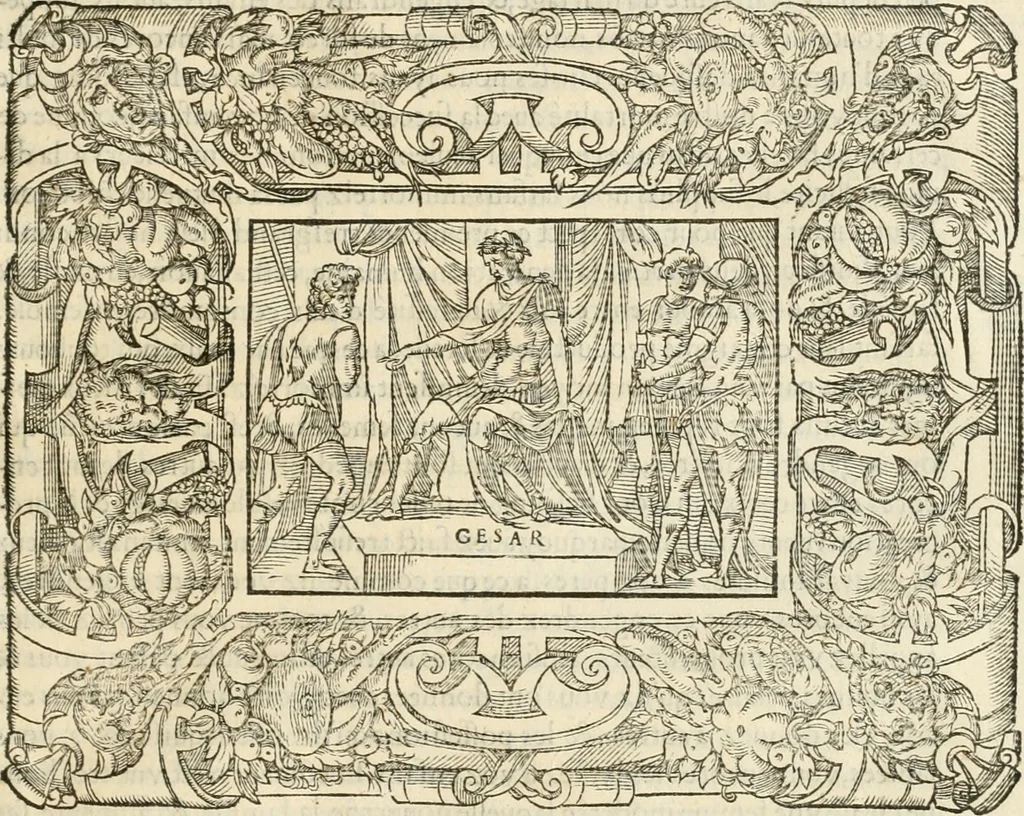 An illustration from Dion historien grec, Des faictz & gestes insignes des Romains : redvictz par annalles et consulatz, commençant au consulat de Lucius Cotta & Lucius Torquatus ..., 1542, leaf 480