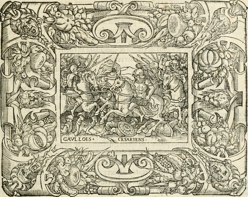 An illustration from Dion historien grec, Des faictz & gestes insignes des Romains : redvictz par annalles et consulatz, commençant au consulat de Lucius Cotta & Lucius Torquatus ..., 1542, leaf 72