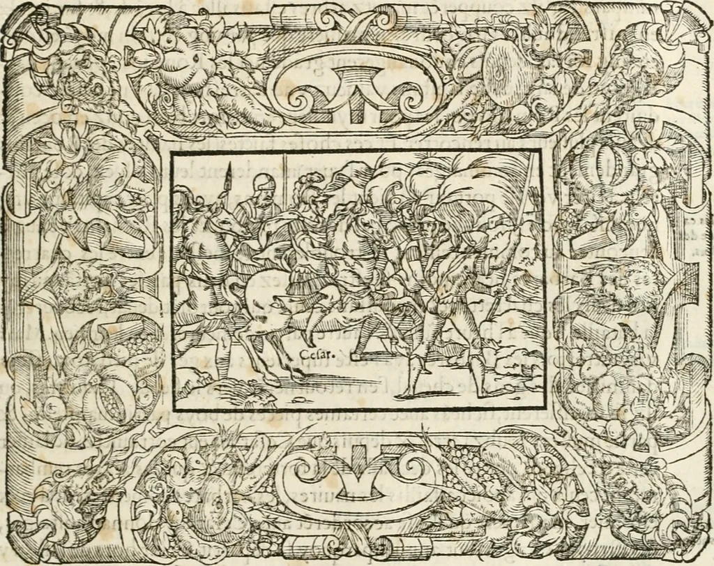 An illustration from Dion historien grec, Des faictz & gestes insignes des Romains : redvictz par annalles et consulatz, commençant au consulat de Lucius Cotta & Lucius Torquatus ..., 1542, leaf 96