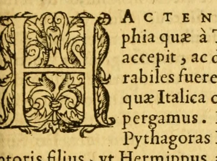 An illustration from Diogenis Laertii de vitis, dogmatis & apophthegmatis eorum qui in philosophia claruerunt, libri X : in quibus plurimi loci integritati suae ex multis vetustis codicibus restituuntur, & ij quibus aliqua deerant, explentur. Cumannotationibus Henr. Stephani. Pythag. Philosophorum fragmenta Cum Latin Interpretatione, 1570, leaf 283