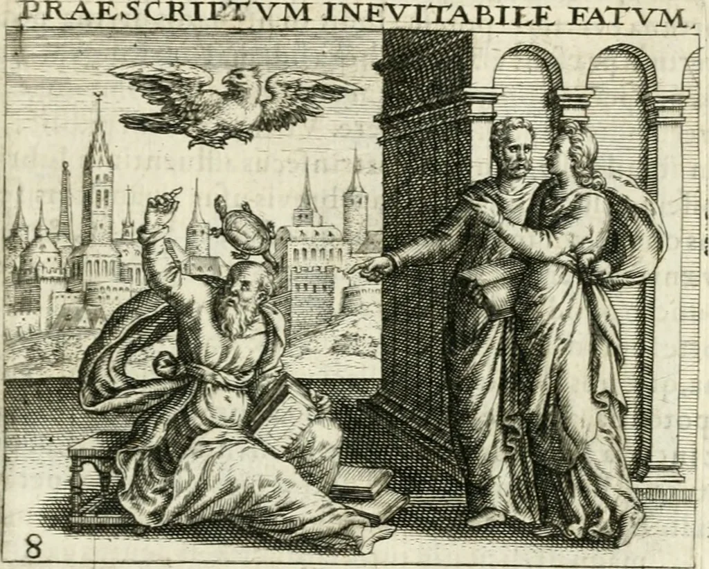 An illustration from Dionysii Lebei-Batillii regii mediomatricv praesidis Emblemata, 1596, leaf 28