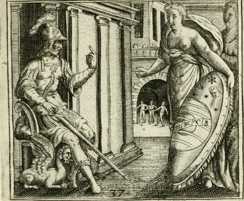 An illustration from Dionysii Lebei-Batillii regii mediomatricv praesidis Emblemata, 1596, leaf 86