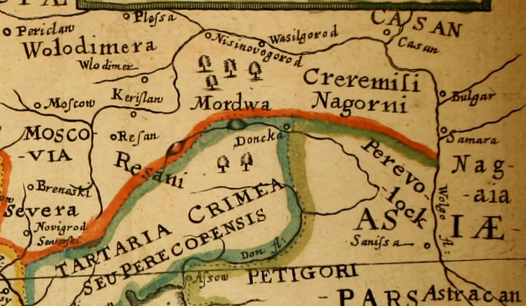 An illustration from Dionysiou Oikoumenes periegesis = Dionysii Orbis descriptio : commentario critico & geographico (in quo controversiae pleraeque quae in veteri geographia occurrunt explicantur, & obscura plurima elucidantur) ac tabulis illustrata, 1658, leaf 117