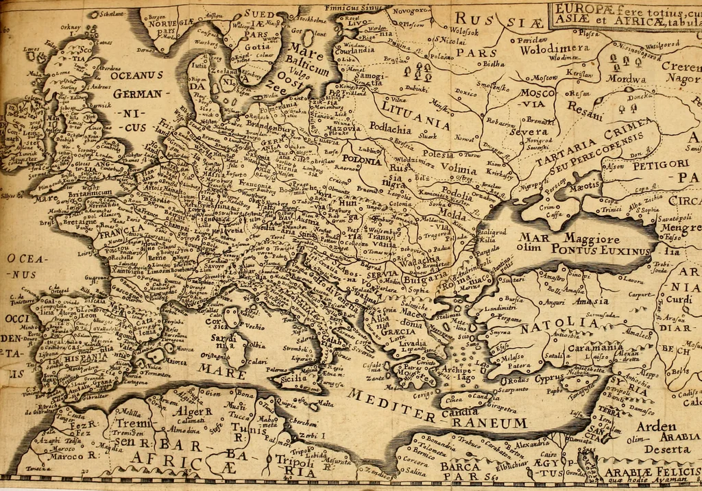 An illustration from Dionysiou Oikoumenes periegesis = Dionysii Orbis descriptio : commentario critico & geographico (in quo controversiae pleraeque quae in veteri geographia occurrunt explicantur, & obscura plurima elucidantur) ac tabulis illustrata, 1658, leaf 154