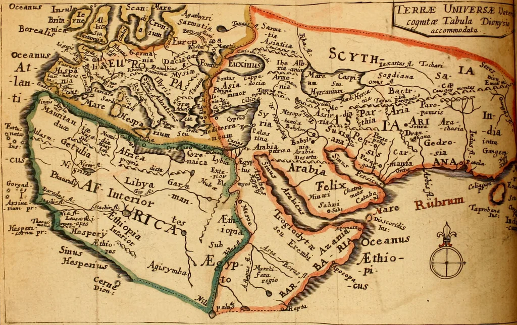 An illustration from Dionysiou Oikoumenes periegesis = Dionysii Orbis descriptio : commentario critico & geographico (in quo controversiae pleraeque quae in veteri geographia occurrunt explicantur, & obscura plurima elucidantur) ac tabulis illustrata, 1658, leaf 49