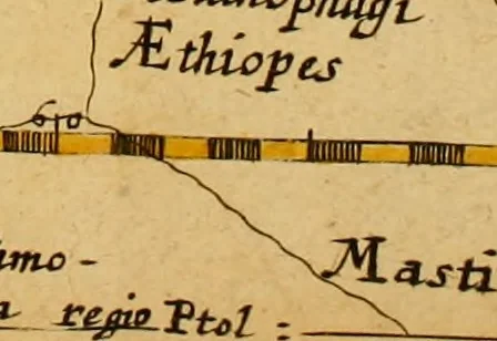 An illustration from Dionysiou Oikoumenes periegesis = Dionysii Orbis descriptio : commentario critico & geographico (in quo controversiae pleraeque quae in veteri geographia occurrunt explicantur, & obscura plurima elucidantur) ac tabulis illustrata, 1658, leaf 58