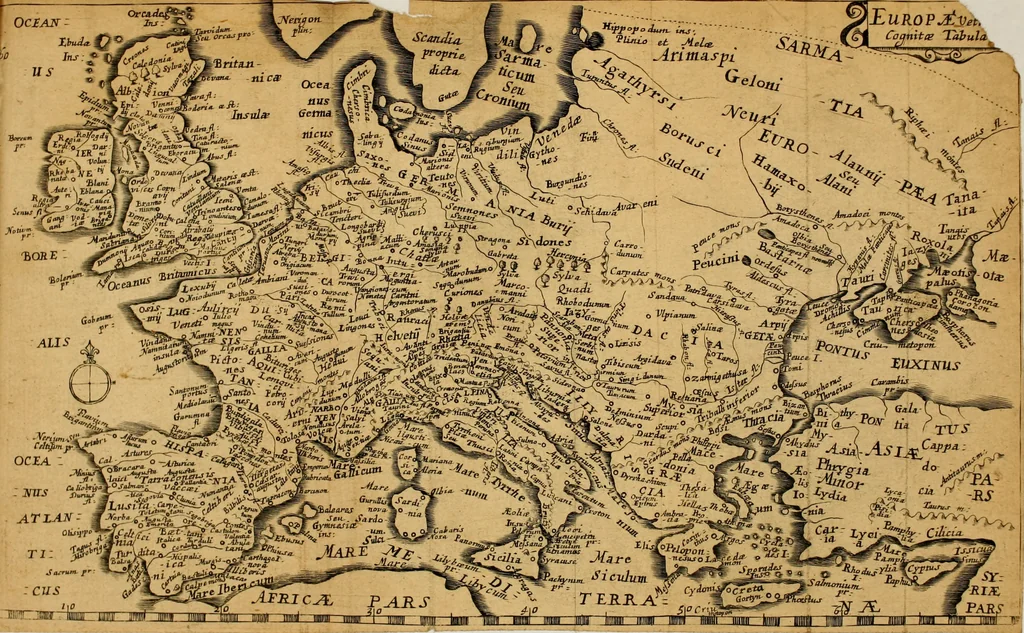 An illustration from Dionysiou Oikoumenes periegesis = Dionysii Orbis descriptio : commentario critico & geographico (in quo controversiae pleraeque quae in veteri geographia occurrunt explicantur, & obscura plurima elucidantur) ac tabulis illustrata, 1658, leaf 68