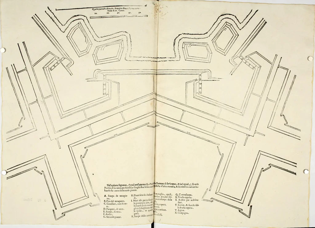 An illustration from Discorsi delle fortificationi, espugnationi, & difese delle città & d'altri luoghi, 1588, leaf 185