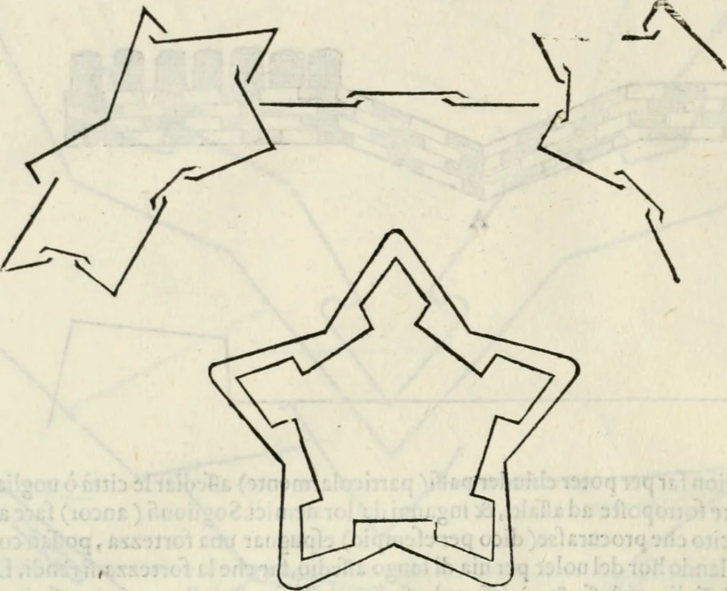 An illustration from Discorsi delle fortificationi, espugnationi, & difese delle città & d'altri luoghi, 1588, leaf 215