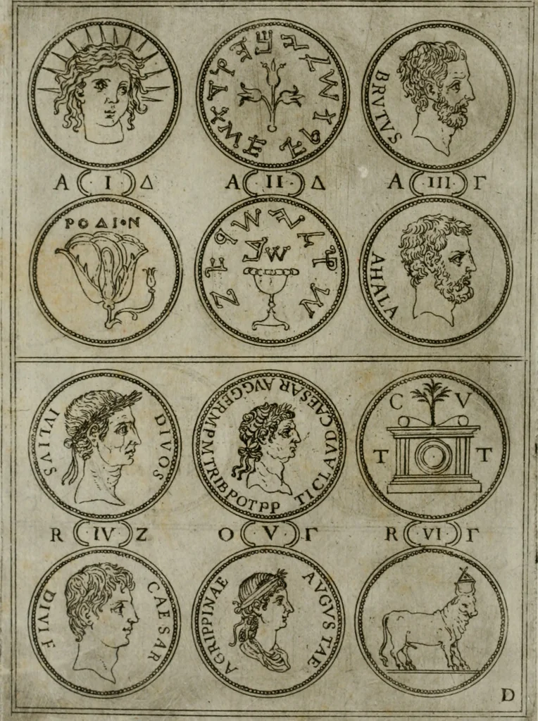 An illustration from Discorsi del S. Don Antonio Agostini sopra le medaglie et altre anticaglie divisi in XI dialoghi : tradotti dalla lingua spagnuola nell'italiana con l'aggiunta di molti ritratti di belle, et rare medaglie .., 1592, leaf 11