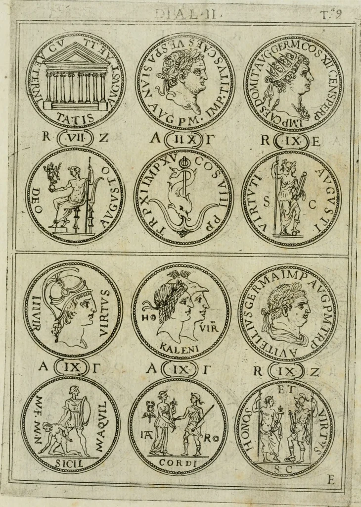 An illustration from Discorsi del S. Don Antonio Agostini sopra le medaglie et altre anticaglie divisi in XI dialoghi : tradotti dalla lingua spagnuola nell'italiana con l'aggiunta di molti ritratti di belle, et rare medaglie .., 1592, leaf 12