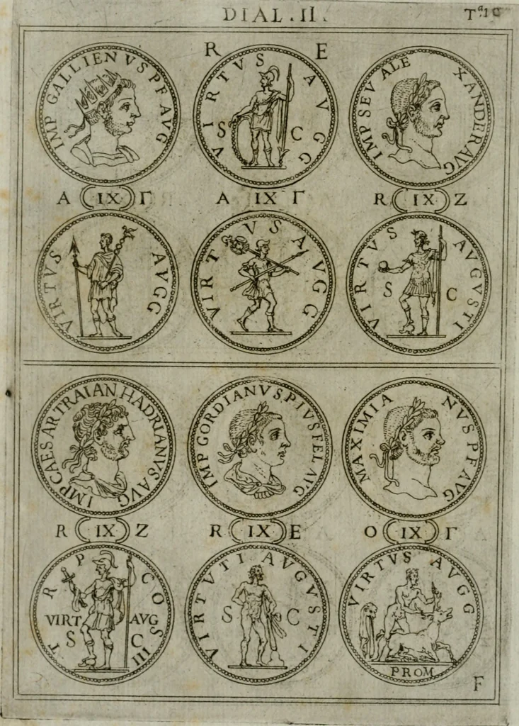 An illustration from Discorsi del S. Don Antonio Agostini sopra le medaglie et altre anticaglie divisi in XI dialoghi : tradotti dalla lingua spagnuola nell'italiana con l'aggiunta di molti ritratti di belle, et rare medaglie .., 1592, leaf 13
