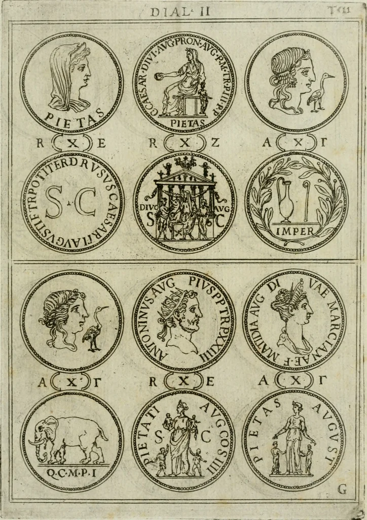 An illustration from Discorsi del S. Don Antonio Agostini sopra le medaglie et altre anticaglie divisi in XI dialoghi : tradotti dalla lingua spagnuola nell'italiana con l'aggiunta di molti ritratti di belle, et rare medaglie .., 1592, leaf 14