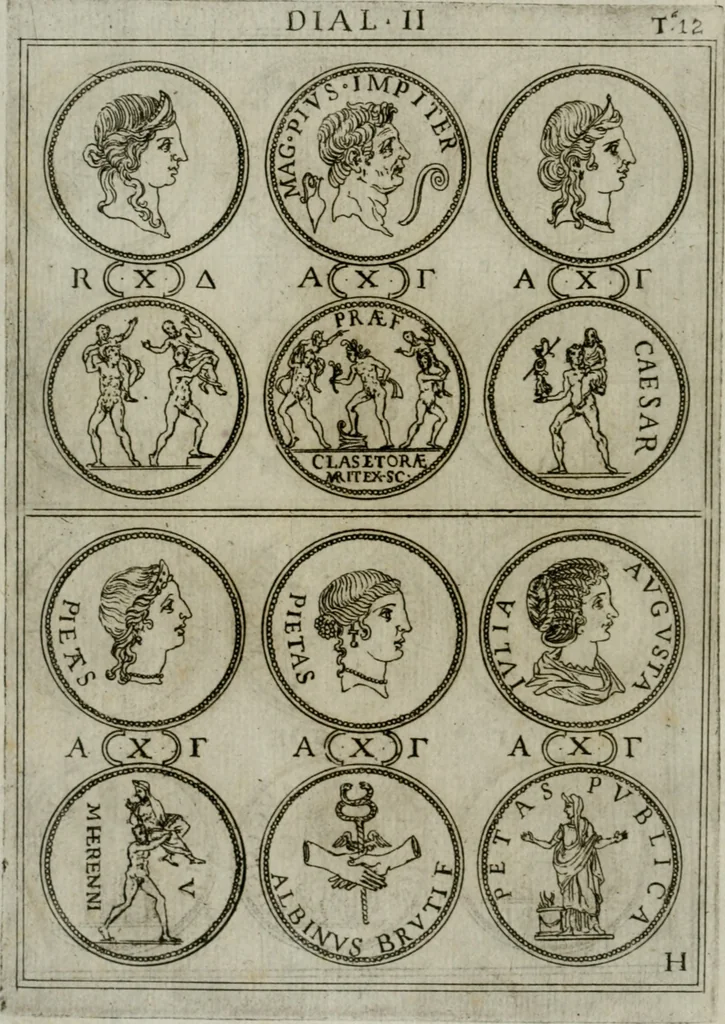 An illustration from Discorsi del S. Don Antonio Agostini sopra le medaglie et altre anticaglie divisi in XI dialoghi : tradotti dalla lingua spagnuola nell'italiana con l'aggiunta di molti ritratti di belle, et rare medaglie .., 1592, leaf 15
