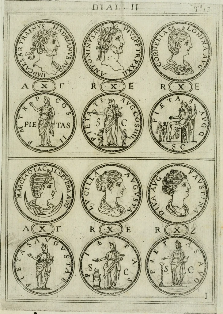 An illustration from Discorsi del S. Don Antonio Agostini sopra le medaglie et altre anticaglie divisi in XI dialoghi : tradotti dalla lingua spagnuola nell'italiana con l'aggiunta di molti ritratti di belle, et rare medaglie .., 1592, leaf 16