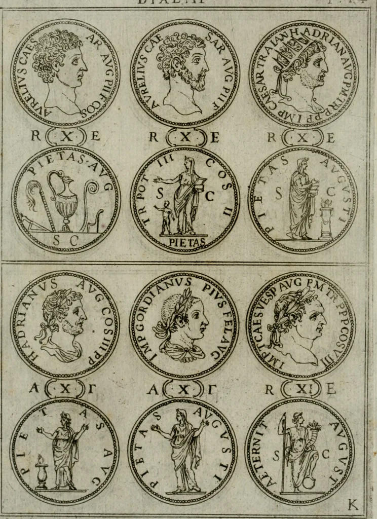 An illustration from Discorsi del S. Don Antonio Agostini sopra le medaglie et altre anticaglie divisi in XI dialoghi : tradotti dalla lingua spagnuola nell'italiana con l'aggiunta di molti ritratti di belle, et rare medaglie .., 1592, leaf 17