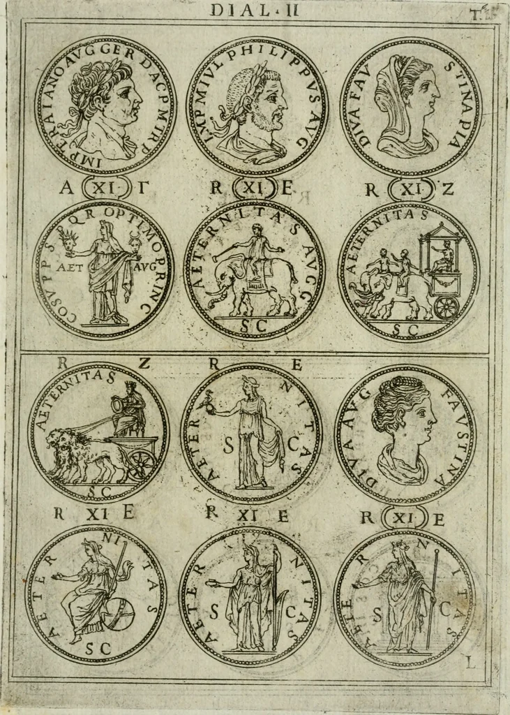 An illustration from Discorsi del S. Don Antonio Agostini sopra le medaglie et altre anticaglie divisi in XI dialoghi : tradotti dalla lingua spagnuola nell'italiana con l'aggiunta di molti ritratti di belle, et rare medaglie .., 1592, leaf 18