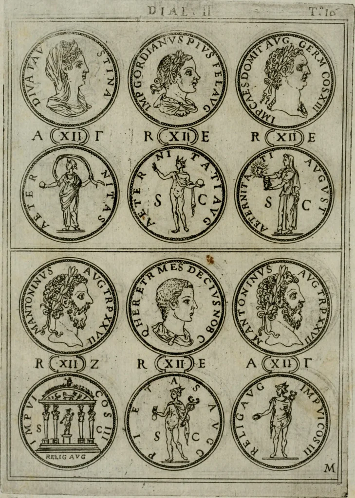An illustration from Discorsi del S. Don Antonio Agostini sopra le medaglie et altre anticaglie divisi in XI dialoghi : tradotti dalla lingua spagnuola nell'italiana con l'aggiunta di molti ritratti di belle, et rare medaglie .., 1592, leaf 19