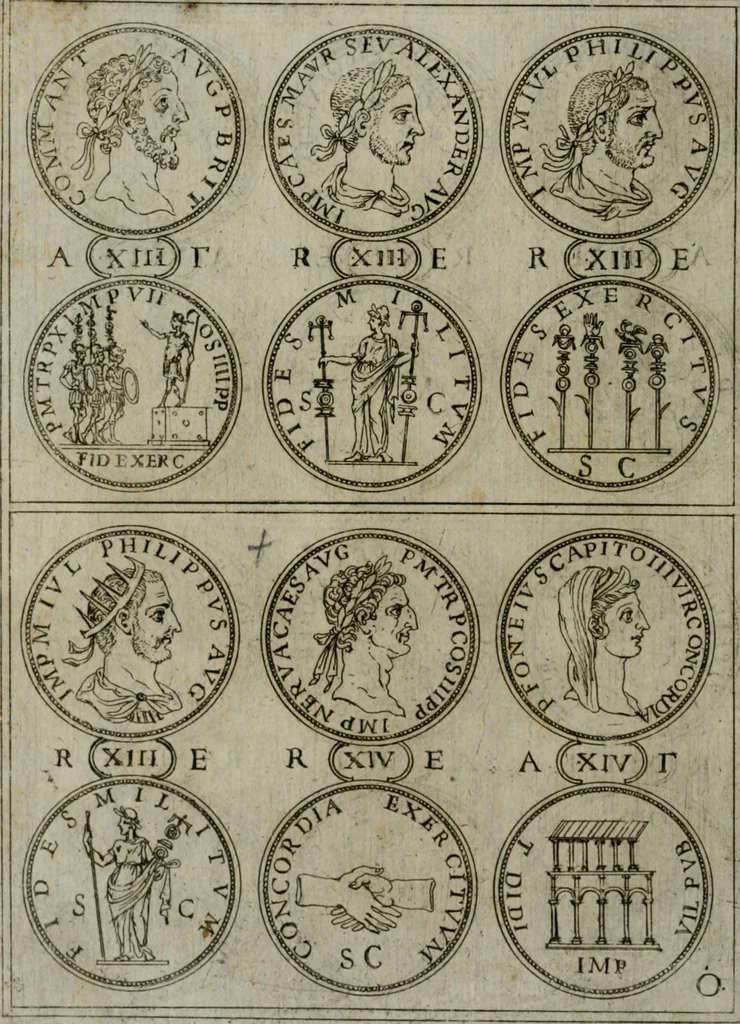 An illustration from Discorsi del S. Don Antonio Agostini sopra le medaglie et altre anticaglie divisi in XI dialoghi : tradotti dalla lingua spagnuola nell'italiana con l'aggiunta di molti ritratti di belle, et rare medaglie .., 1592, leaf 21