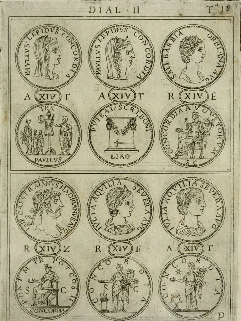 An illustration from Discorsi del S. Don Antonio Agostini sopra le medaglie et altre anticaglie divisi in XI dialoghi : tradotti dalla lingua spagnuola nell'italiana con l'aggiunta di molti ritratti di belle, et rare medaglie .., 1592, leaf 22