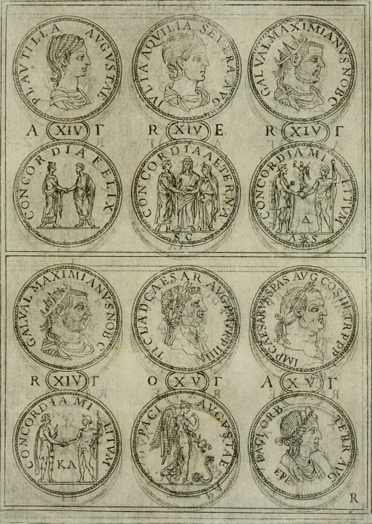 An illustration from Discorsi del S. Don Antonio Agostini sopra le medaglie et altre anticaglie divisi in XI dialoghi : tradotti dalla lingua spagnuola nell'italiana con l'aggiunta di molti ritratti di belle, et rare medaglie .., 1592, leaf 24