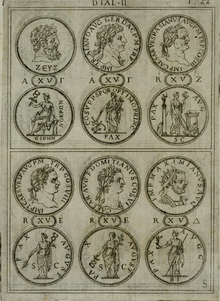 An illustration from Discorsi del S. Don Antonio Agostini sopra le medaglie et altre anticaglie divisi in XI dialoghi : tradotti dalla lingua spagnuola nell'italiana con l'aggiunta di molti ritratti di belle, et rare medaglie .., 1592, leaf 25