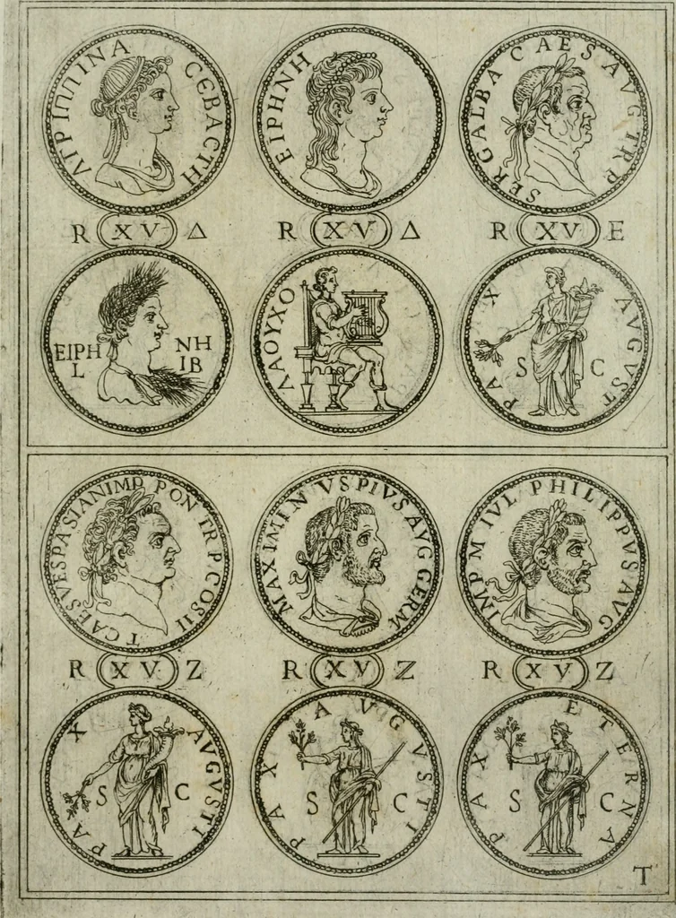 An illustration from Discorsi del S. Don Antonio Agostini sopra le medaglie et altre anticaglie divisi in XI dialoghi : tradotti dalla lingua spagnuola nell'italiana con l'aggiunta di molti ritratti di belle, et rare medaglie .., 1592, leaf 26
