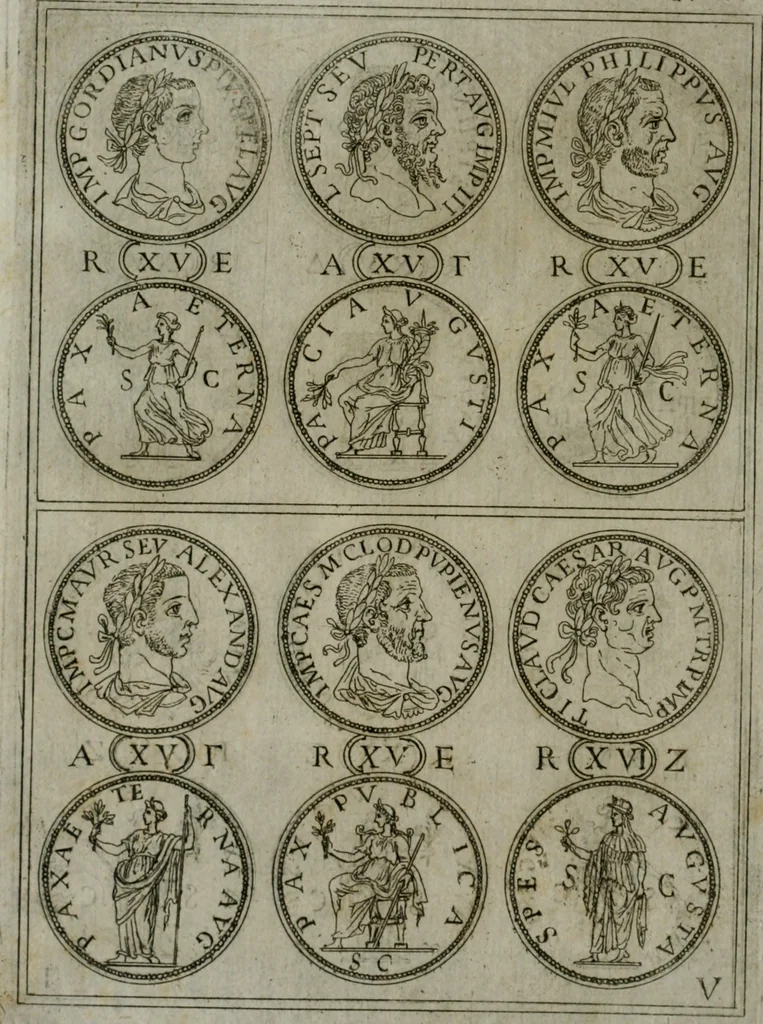 An illustration from Discorsi del S. Don Antonio Agostini sopra le medaglie et altre anticaglie divisi in XI dialoghi : tradotti dalla lingua spagnuola nell'italiana con l'aggiunta di molti ritratti di belle, et rare medaglie .., 1592, leaf 27